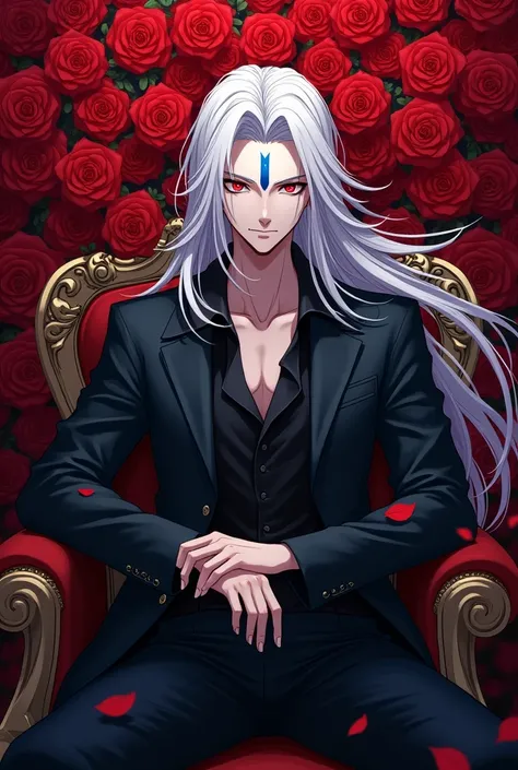  A man sitting in a chair behind some red roses. super handsome long white hair red eyes ,  long black clothes with a blue mark on his forehead ,  with a serious look  ,type manhua bl