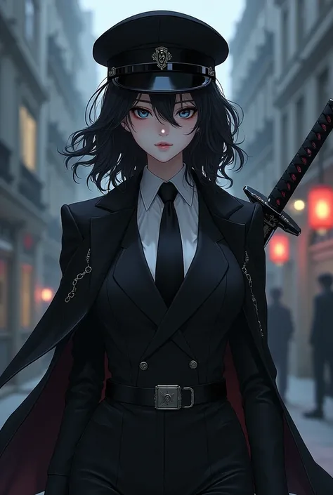  make me a white-skinned girl ,  wearing a black suit and black gloves ,  the girl has a black military-style hat , with chains, Also a black tie .  a long black scarf and a long hair that goes over her shoulders and behind her head,  is wavy hair falling ...