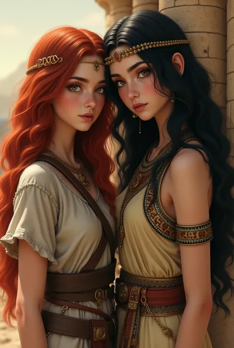 Give me an image of a red-haired girl with wavy hair and worn clothes seeing another girl with the same features but in an Egyptian dress and more groomed 