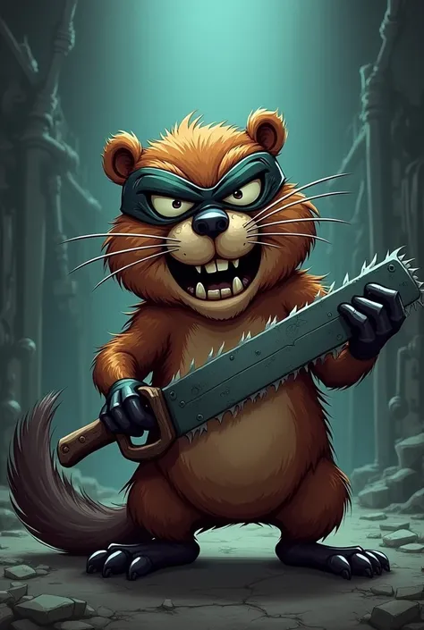 A bad cartoon beaver in a mask with a saw, evil