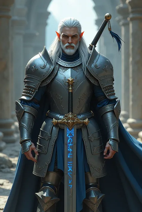 An elf knight man with silver hair, blue eyes, white skin, barbe de trois jours une épée a deux mains accrocher dans le dos avec des rune gravé bleuté dessus ainsi quun armure de plate