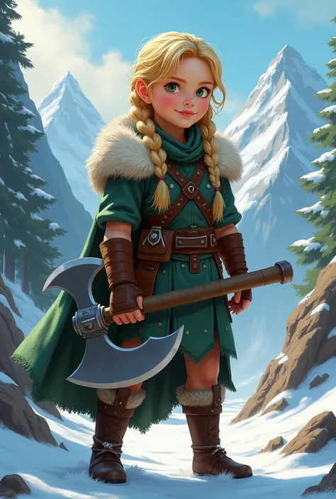 A blonde teenage girl with braids and green eyes holding an axe and wearing animation-style Viking clothes 
