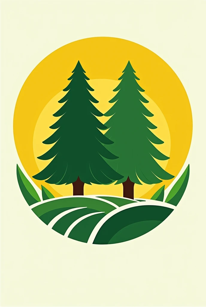 I need a logo based on the two green pine trees of equal size inside a yellow circle with a green border, symbolizing life , union,  equality and working together ,  complemented by agricultural elements such as bananas and cocoa to highlight local product...