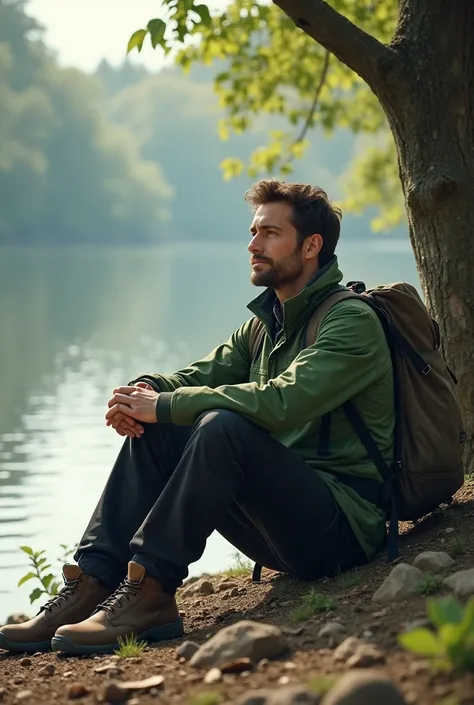 A man wearing a green jacket and black trousers wearing safety shoes and a bag on his back was sitting relaxed on the riverbank