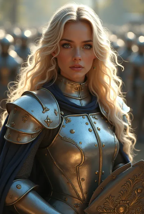 Female paladin defeats goblin horde, beautiful paladin, wavy blonde hair, long eyelashes, blue eyes, detailed silver armor with gold ornaments, ripped cape, goblin horde, with light sword and holy shield engraved with holy spells, ((masterpiece, highest qu...