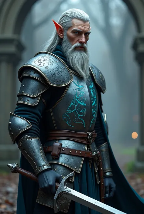 An elf knight man with silver hair, blue eyes, white skin, barbe de trois jours une épée a deux mains accrocher a la ceinture avec des rune gravé bleuté dessus ainsi quun armure nordic