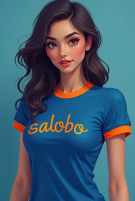 Womens casual short sleeve t-shirt,   
Front and back body fit:  back with the text  " Womens Folia " Stylized,  front with the text  "SALOBO " Centralized;  shirt body in dark royal blue , sleeve cuffs and collars in vibrant orange,  detailed design in hi...