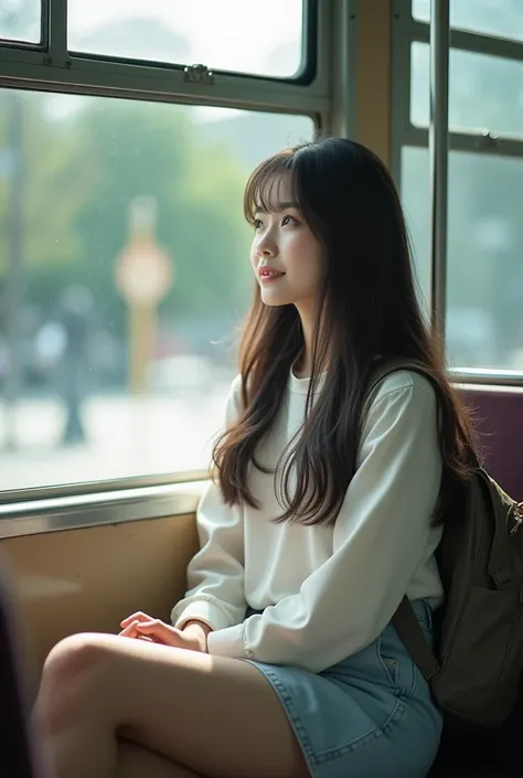 A beautiful Korean woman smiles thin , long hair with bangs wearing an ash white school uniform  ,  sneakers wearing a backpack sitting on the bus by the window while enjoying the beautiful view of the bright morning fulhd high ratio 