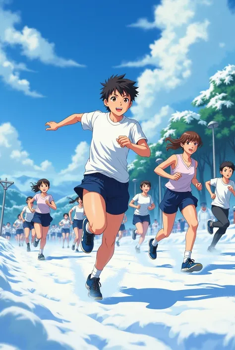  Japanese Anime、Midwinter、endurance running 、High school boys、Gym clothes、Short sleeve white T-shirt、 short navy blue shorts、Short socks、High school girls、Long sleeves and long trousers