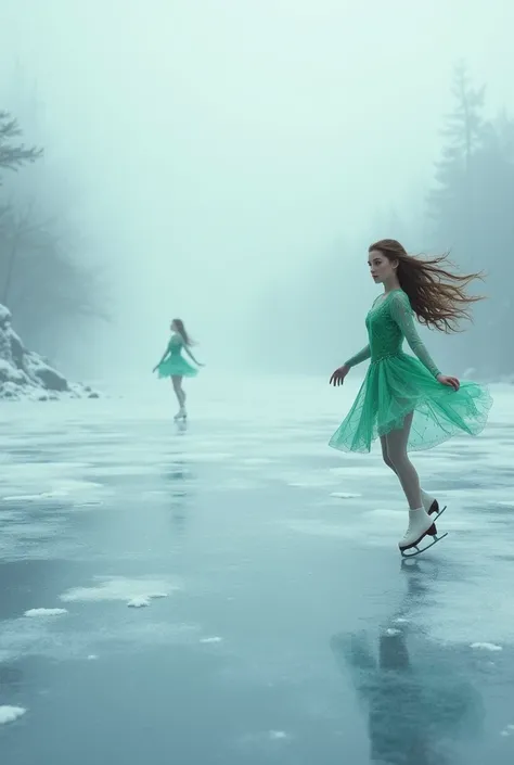 
Large natural ice rink with fog featuring a pretty girl with green eyes and brown hair wearing a bright green diamond suit and doing a pirouette in the distance. 

horizontal image 