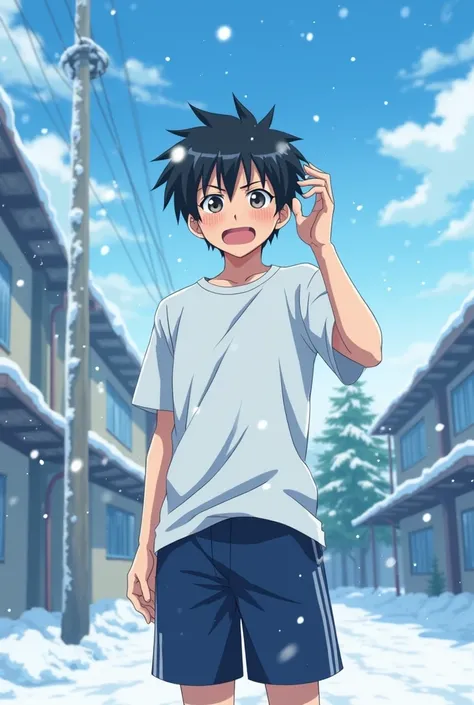  Japanese Anime、Midwinter、 male high school student shivering in the cold、Gym clothes、Short sleeve white T-shirt、 short navy blue shorts