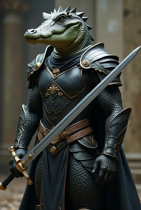 swordsman crocodile, muscular, sword, black armor, scales, ancient