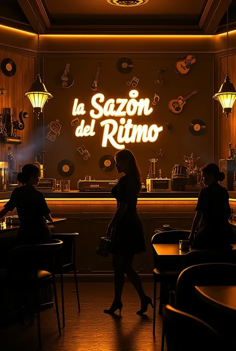 Advertising for a restaurant called "La Sazón del Ritmo " with gold and black colors,  a music-themed restaurant  