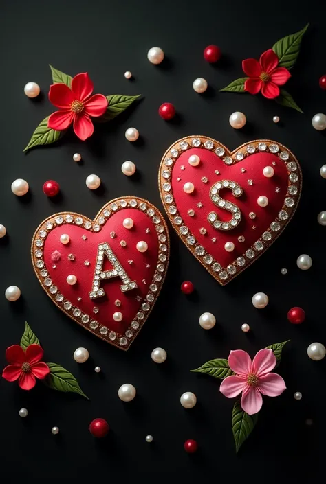  The image contains two heart-shaped medallions decorated with white pearls around the perimeter , and in the middle of each heart is a letter embroidered with shiny stones .  The first medal contains the letter “A” and the second contains the letter “S” ....