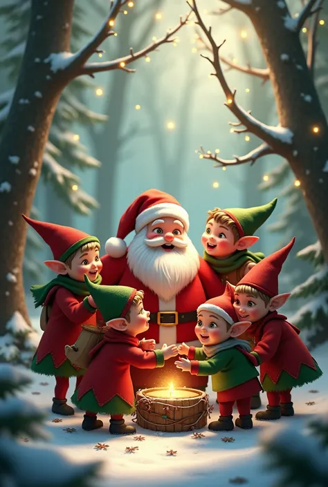 Santa Claus with his helpers piled up in the woods with text Familia Segura Valverde