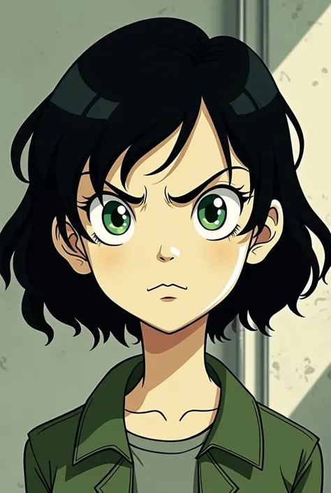 Make me a picture of a black-haired girl,  green eyes and pale skin . in the style of the series, The Boondocks