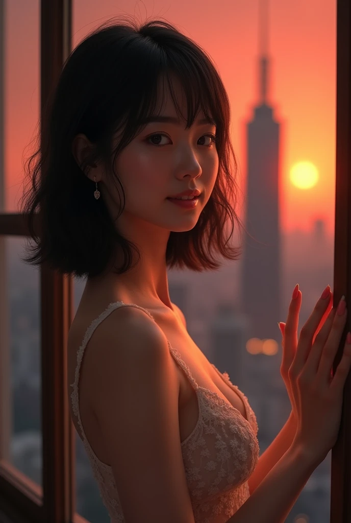  Japanese woman with a viewing angle of、 slender figure、 beautiful skin in NFSW、whole body、 best quality、 ultra high resolution、 beautiful and elaborate face、 fine and beautiful skin、 skin texture、 black hair short 、Completely naked、 smiles、Sunset、sunset、 ...