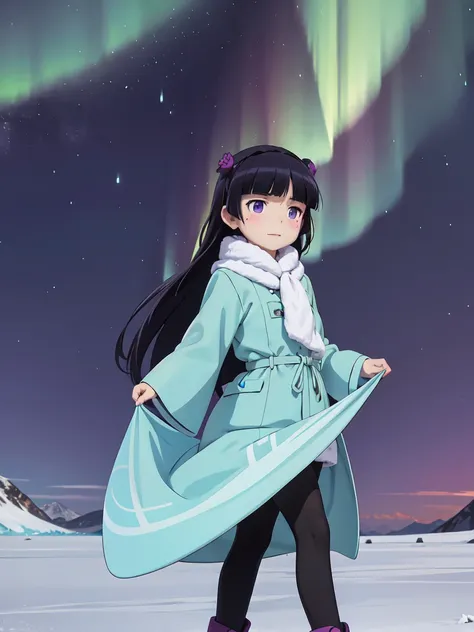  Woman walks on a glacier ,  Stares at auroras spreading in the sky ,  Bright green and purple lights illuminate her ,  Scenes that make her feel hopeful while the snow dances, ((ruri gokou)), Long Hair,  black hair, Cold protection, mole, mole under eye,