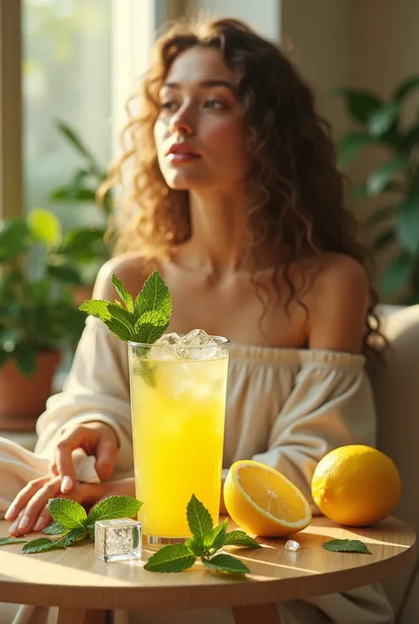 made lemon juice, garnished with mint leaves and ice cubes, with a sliced lemon and fresh mint on the side.", wearing loose off-shoulder top, pajama pants, long curly hair, indoors, soft lighting, plants in background, window with sunlight, cozy room, rela...