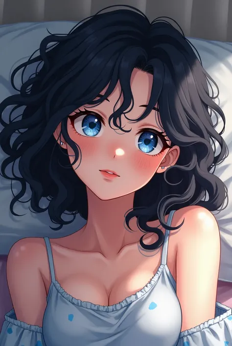 Black Curley hair girl, cute, pretty,  blue eyes, in her bedroom, wearing pyjamas , white skin , pretty face card , anime art style,20 years old 