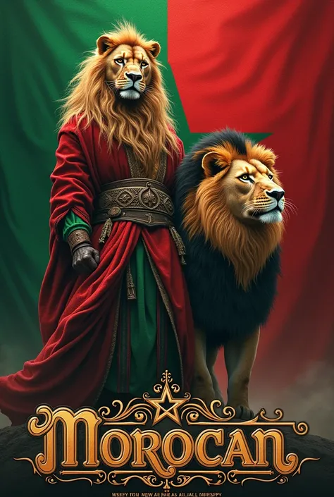 A picture of a man with a lions head and a huge lion next to him and the Moroccan flag. In the picture, Moroccan lion is written in a large and decorated script like movies