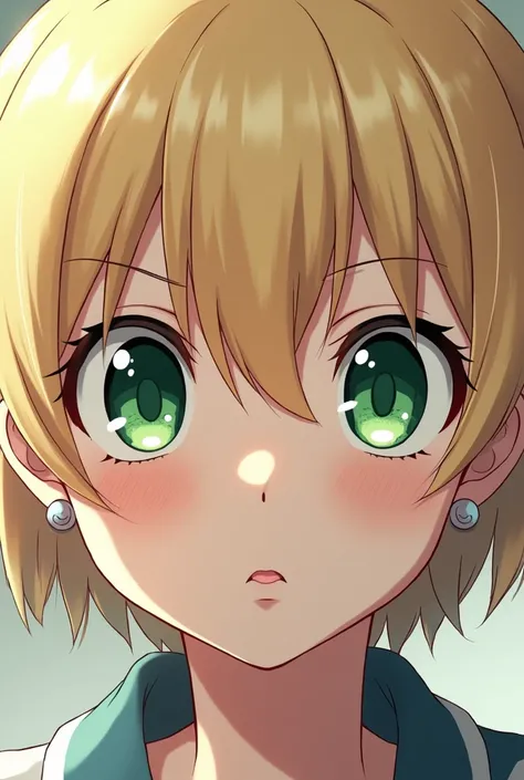 1girl, Short Hair, , Earrings, big Lips, Serious, Green Eyes, Anime, Blonde hair