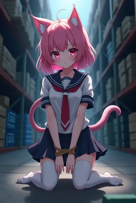 ((         Best quality     )), ((masterpiece)), (         in detail),          perfect face ,  full pink hair   ,   cat girl in school uniform ,   pink eyes   , micro skirt , dark school warehouse   , connected , embarrassed , white stockings ,  hands tie...