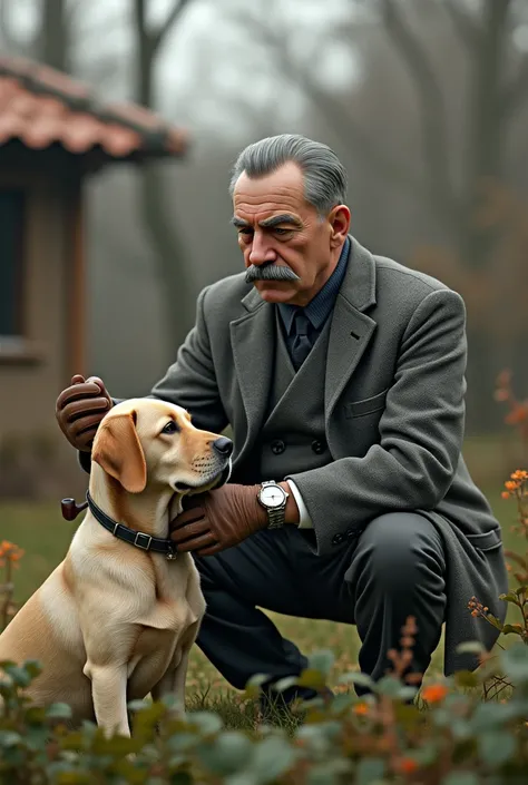 Joseph Stalin gardening. He has a grey mustache, a smoking pipe, leather gloves and a grey bonet. He is wearing a modest grey soviet suit. He also has a simple watch to tell the time and a labrador to me him company