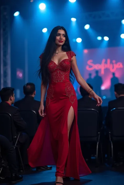  Womens Nadine Nassib Njei ,  blue eyes  ,combed eyebrows , natural makeup,  thick lips with gloss ,  Long Black Hair, Shiny skin,She wears a red dress with sequins she wears black heels  ,
 she is dancing in the audience in the middle of a concert blue li...