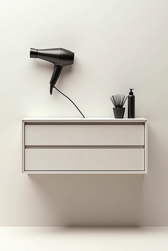 Create me sketches of minimalist furniture in a flat line that can be used to store combs, serums  ,  hair products and that a support comes out of this furniture as an extendable arm to adjust the hair dryer so that I can use it at any angle and that the ...