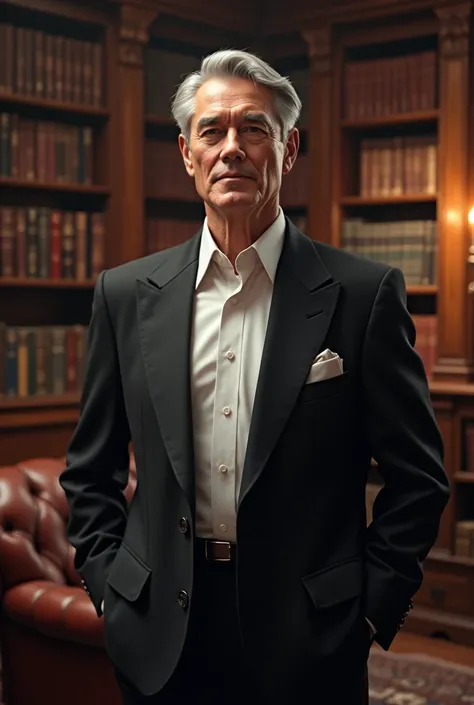  grey-haired white man wearing black blazer and white shirt, In the background a library full of books 