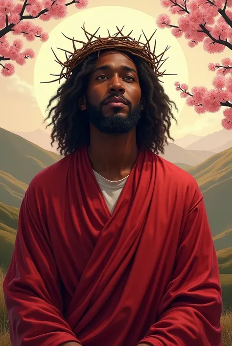 Jesus with black skin  ,  curly hair  , with a crown of thorns, with a red tunic covering ALL over her body in the background of the hill and cherry blossoms 