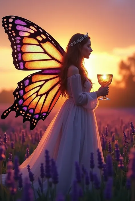 Macro photograph of a celestial priestess riding a radiant butterfly with wings resembling stained glass. The butterfly soars above a field of lavender, and the priestess holds a glowing chalice that emits a faint rainbow aura. Sunset lighting bathes the s...