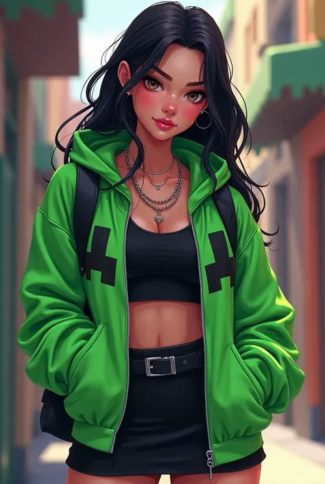 (Anime ish)a latina with a green minecraft creeper hoodie and a black crop top with a black skirt