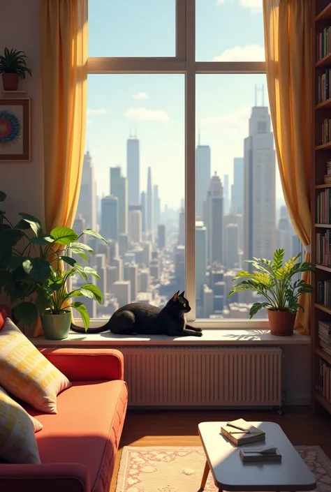 An apartment in a very busy city with a cat