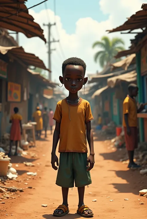 A black Kenyan boy standing on a dirty road in kibera slums . Let people also be doing small business on the sides of the road 