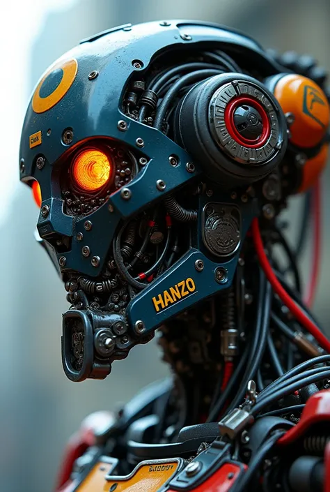  Close-up image of a highly detailed robot .  This robot has a futuristic and mechanical design ,  in striking dark blue, red and yellow colors .   The parts look complicated , with  wires , pipe,  and clearly visible mechanical components .   There is a "...