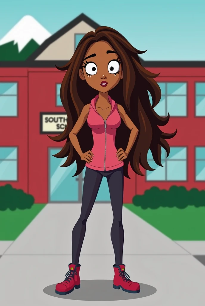 Create a new character in the style of the South Park series, that character has to have brown hair, dark skin and be of the female gender, that in the background you can see the South Park school, be creative with expressions and poses