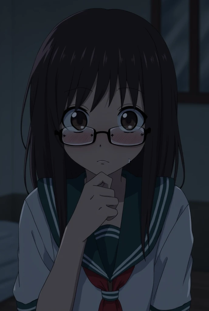  in the room　Crying face　 crying a lot　Crying　Look Down　anime　Look down　  sheds tears　 night 　Pitch black 　 brown hair　 High School Girls 　I have glasses　　Japan　  Brown Eyes 　  ragged uniform  　whole body 　Lonely　despair　 short hair　 cute girl