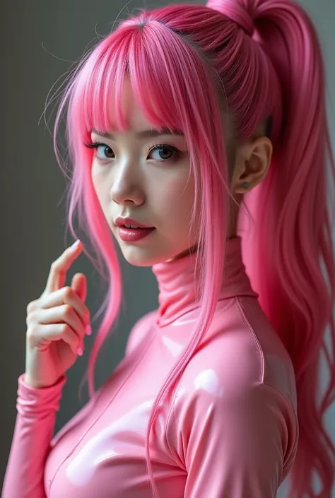 Latex Costume Young Japanese Woman Fuchsia Hair Pink High Definition Ponytail