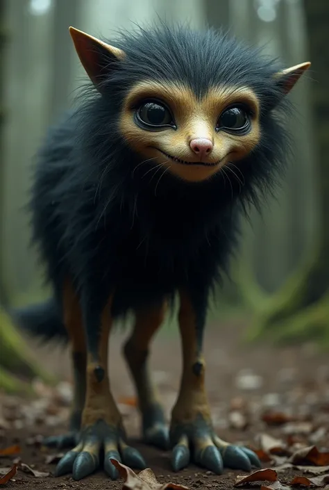  I want a creature that walks on four brown legs, long black hair,black eyes and white pupil , and smile with human teeth 