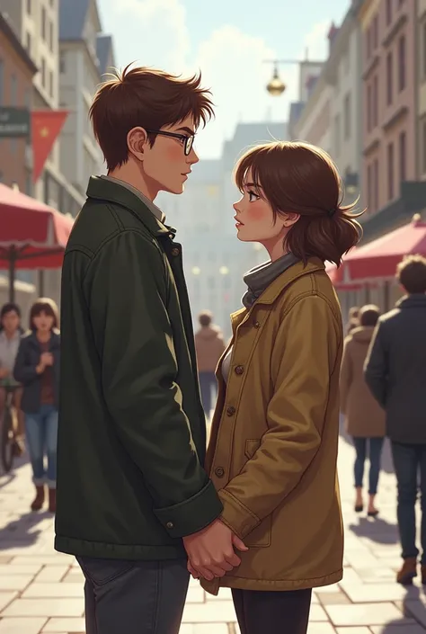 Two couples in the square 
a brown-haired man with glasses and brown eyes a 86kg woman with small brown hair with braces on her teeth 
