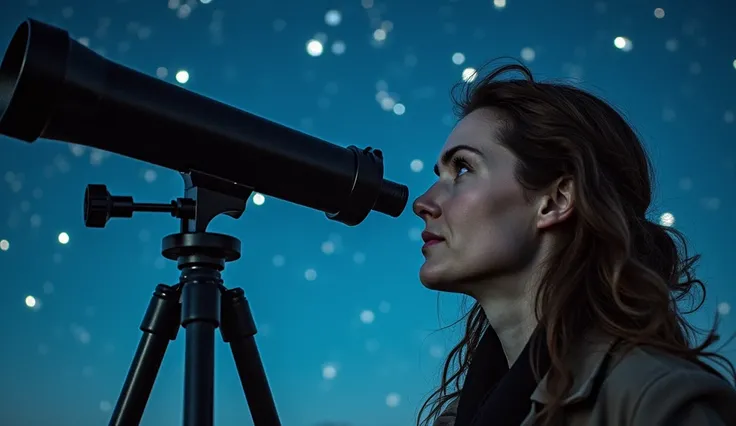 A woman with a determined expression looking through a telescope toward a sky filled with stars. In the stars, faint symbols of the gates and keys are visible.