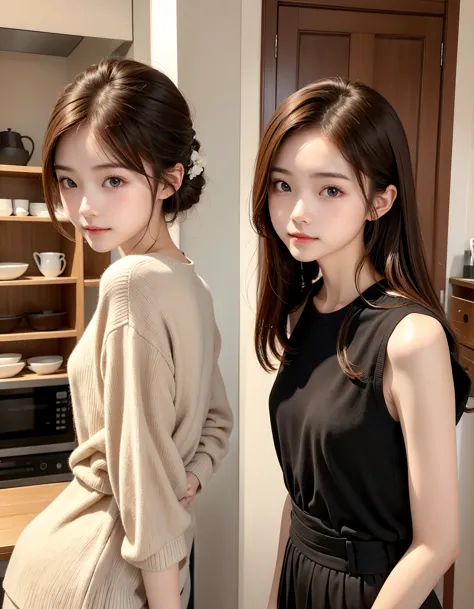 chignon hair,brown hair,slender body,cute pretty girl