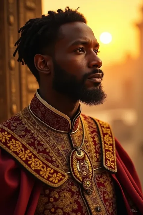 Prince Kofi:**
   - A portrait of Prince Kofi, dressed in royal attire, with a thoughtful expression as he gazes over his kingdom. The golden sunset could be illuminating his face.