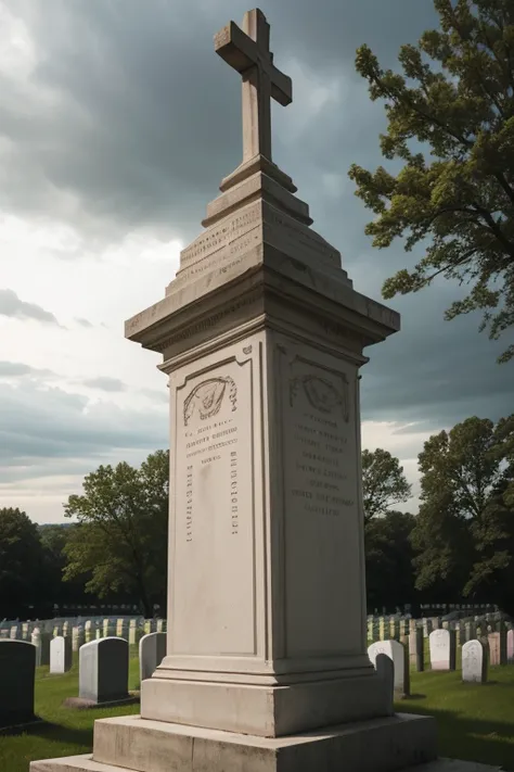  Professional photograph of a pink quarry mausoleum ,  in the upper part an archangel of the same material carved in a perfect shape making the sign of keeping silent by placing your finger Index of your right hand over your closed mouth.  Two vases on the...