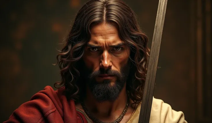 a detailed detailed portrait of Jesus Christ,holding a sword,dramatic lighting,chiaroscuro,dramatic expression,highly detailed,cinematic,photorealistic, (best quality,4k,8k,highres,masterpiece:1.2),ultra-detailed,(realistic,photorealistic,photo-realistic:1...