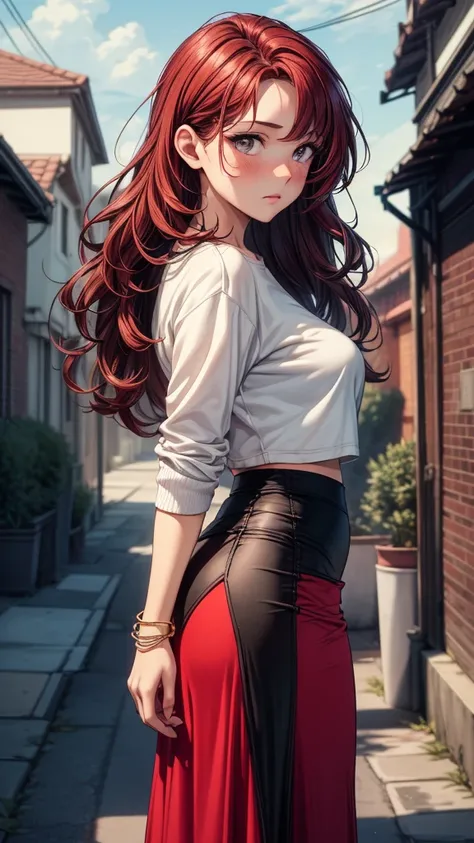 ((masterpiece, best quality:1.3, high detail)), beautiful woman, looking at viewer, long wavy hair, (dark red hair), full-face blush, (white sweatshirt cropped), wrinkled fabric, (long black midi pencil (skirt)), (((((long skirt))))), bracelets, collarbone...