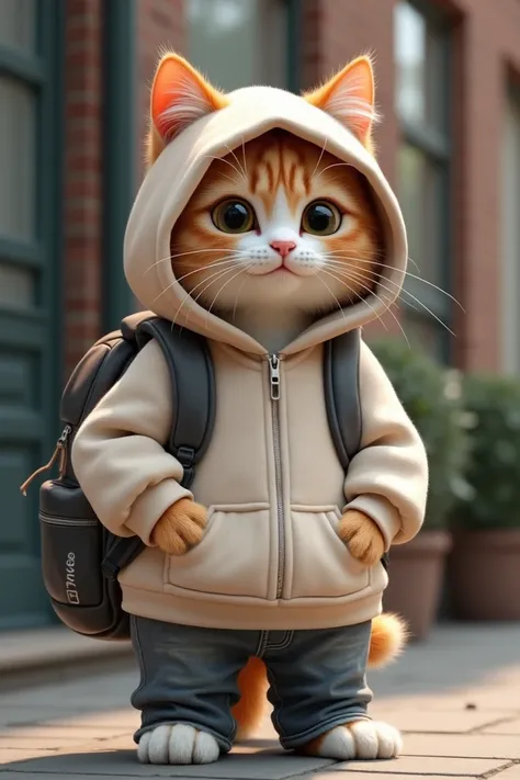 a cute little cat wearing an oversized hoodie with gray jeans and backpacks in from of a building realistic 