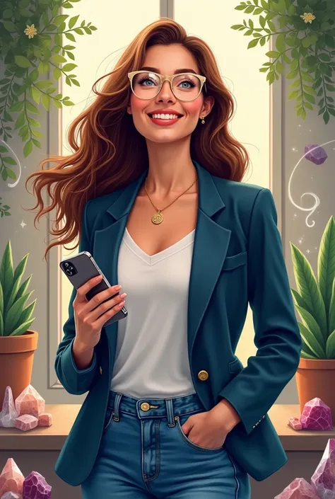  illustration style of a woman with brown hair, expressive eyes, wearing transparent glasses, a white blouse, blue marine blazer and jeans, holding a cell phone, happy expression. The background is a holistic clinic with crystals, plants and incenses